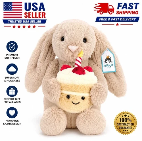 Jellycat Bashful Beige Bunny Birthday Cake Plush Soft Toy with Tags & Dust Bag