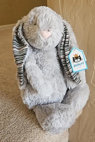 Jellycat Medium Bashful Bunny Blake Tags Attached Grey Plush Striped Ears 12"
